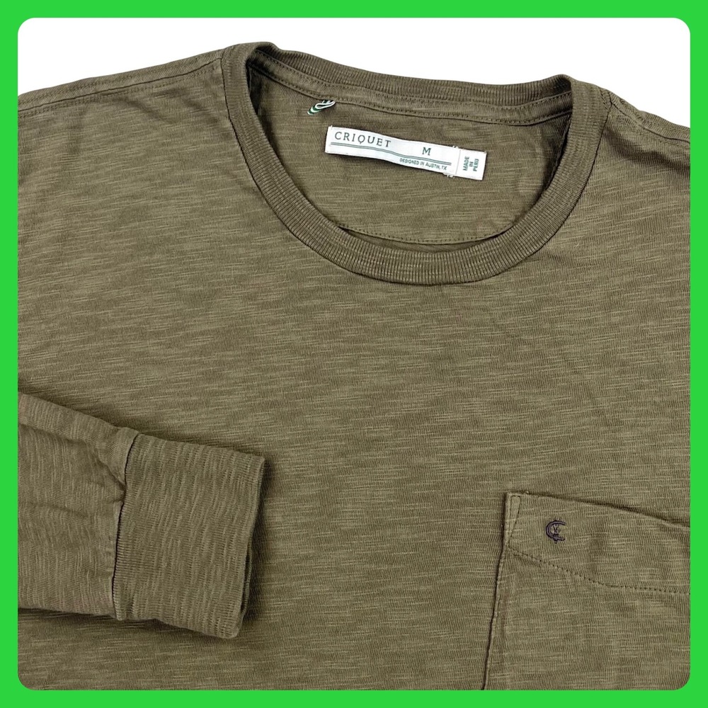 Criquet Long Sleeve Pocket T-Shirt Mens Medium Olive Green 100% Cotton Slub Knit